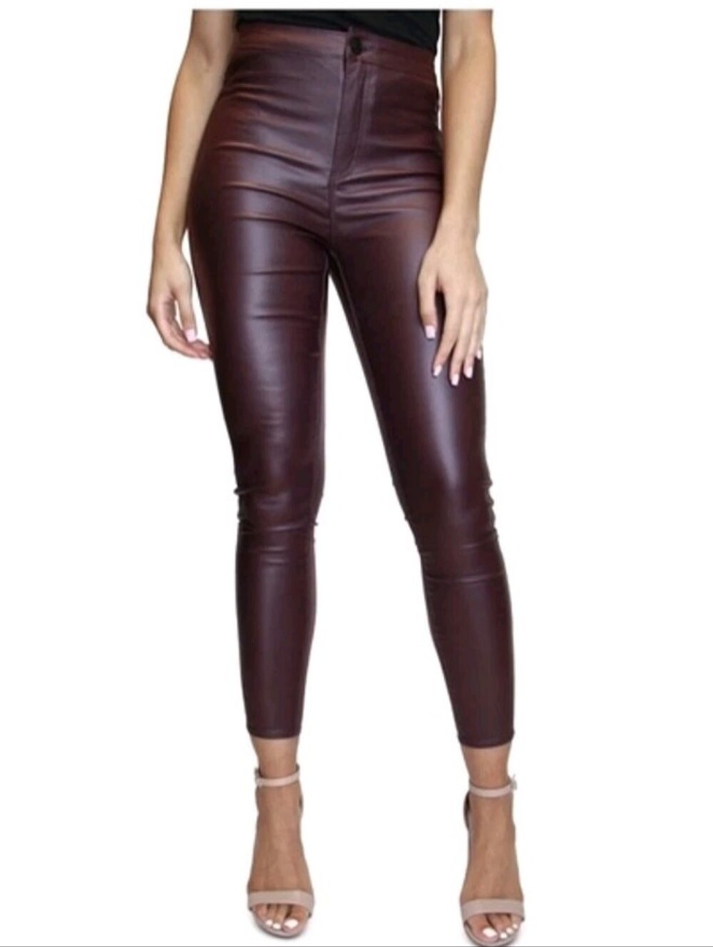 EUC•Almost Famous Burgundy Coated Faux Leather Super High-Rise Skinny Pants•Jr.5